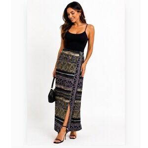 Dana Buchman 100% Silk Tribal Print Wrap Maxi Skirt Purple Green Lined  Size 10